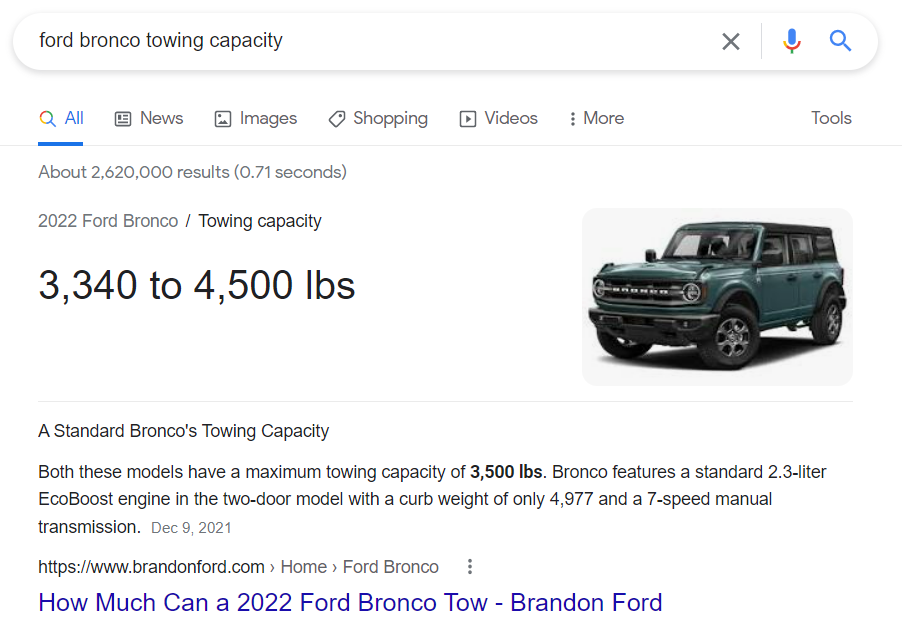 Featured snippet for Bronco towing capacity