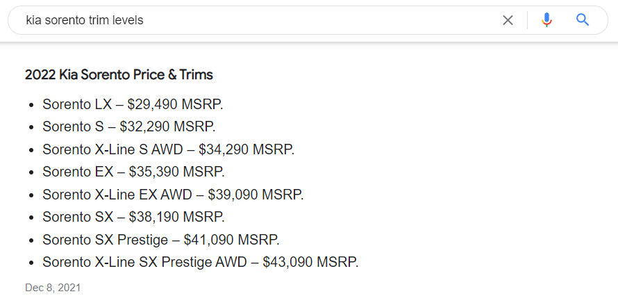 Featured snippet for Sorento trim levels