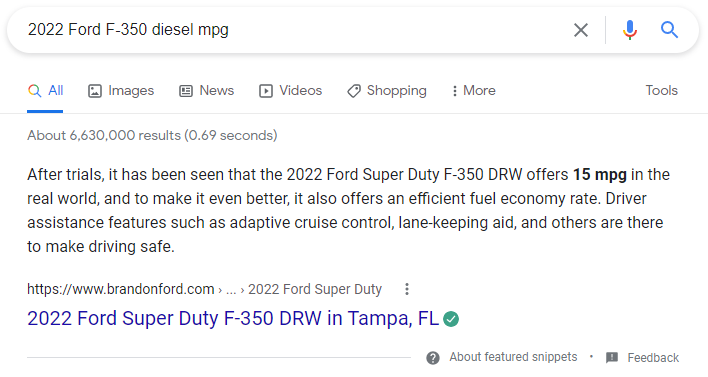 2022 Ford F-350 diesel mpg featured snippet