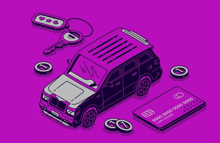 Stylized car with keys and money in the background